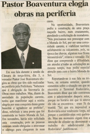 Pastor Boaventura elogia obras da periferia. Folha Livre, Conselheiro Lafaiete, 07 abr. 2007, 316ª ed., p. 08. 