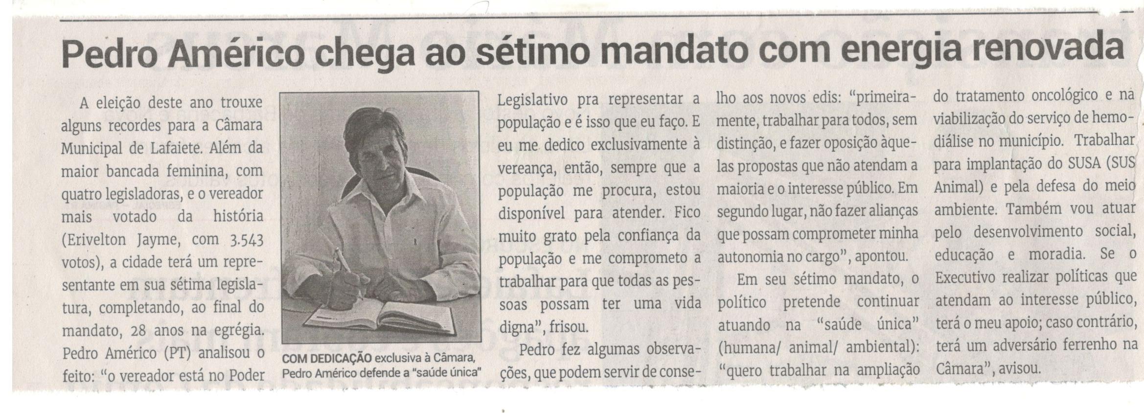 Pedro Américo chega ao sétimo mandato com energia renovada. Jornal Correio da Cidade, Conselheiro Lafaiete, 19 a 25 out. 2024, 1753ª ed., Política, p. 2.