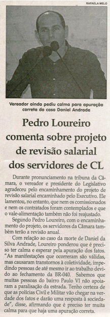 Pedro Loureiro comenta sobre projeto de revisão salarial dos servidores de Cl. Jornal Correio da Cidade, Conselheiro Lafaiete, 21 a 27 mai. 2016, 1318ª ed., Caderno Política, p. 6 .