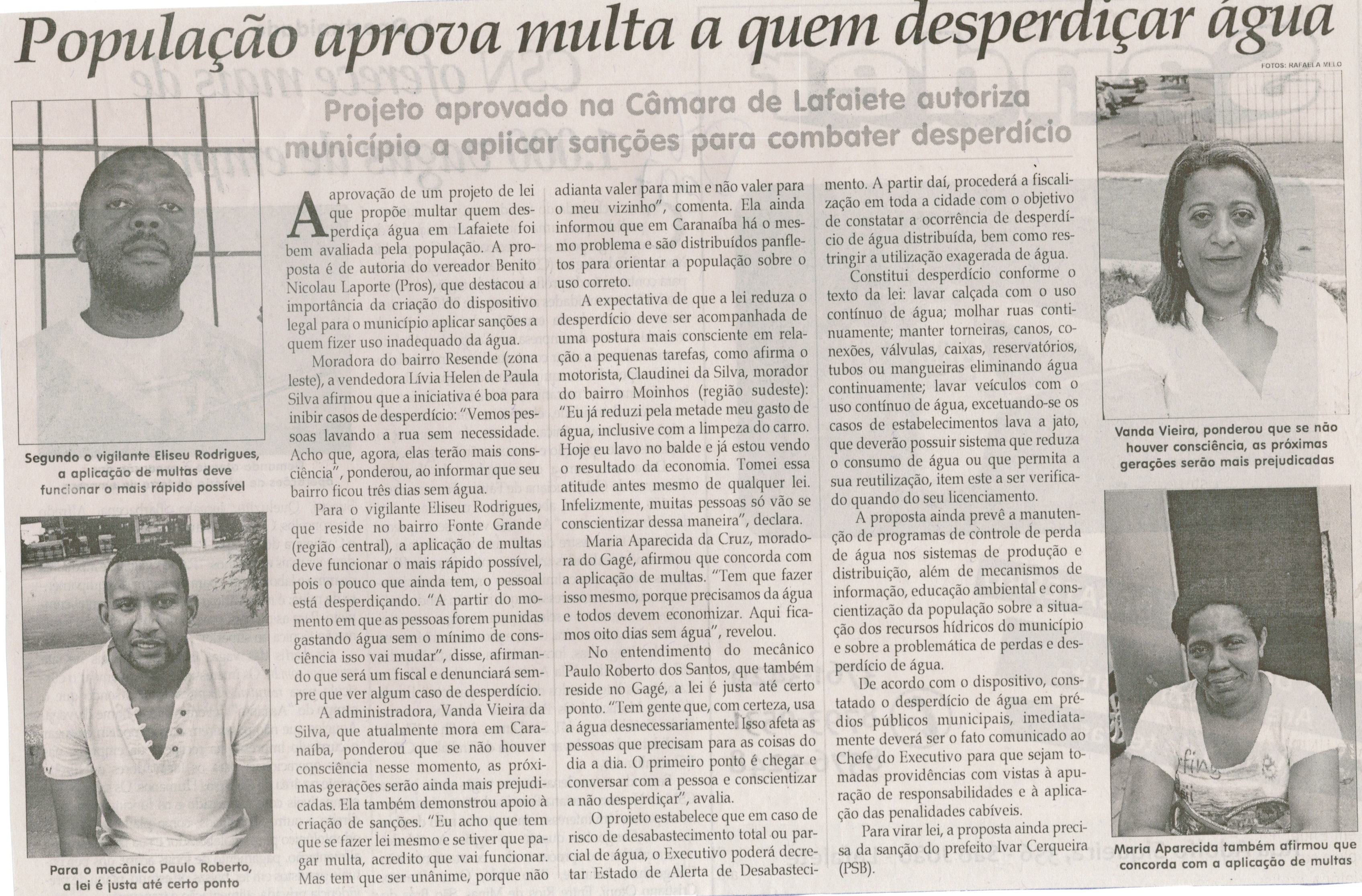 População aprova multa a quem desperdiçar água. Jornal Correio da Cidade, Conselheiro Lafaiete, 07 nov. 2014, p. D8.