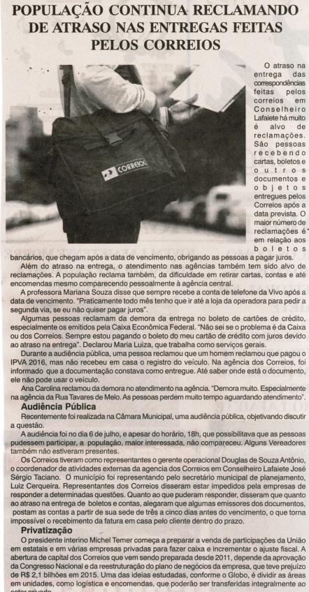 População continua reclamando de atraso nas entregas feitas pelos Correios. Jornal Nova Gazeta, 23 jul. 2016, Ano XXX, 884 ed., Caderno Gerais , p. 2.