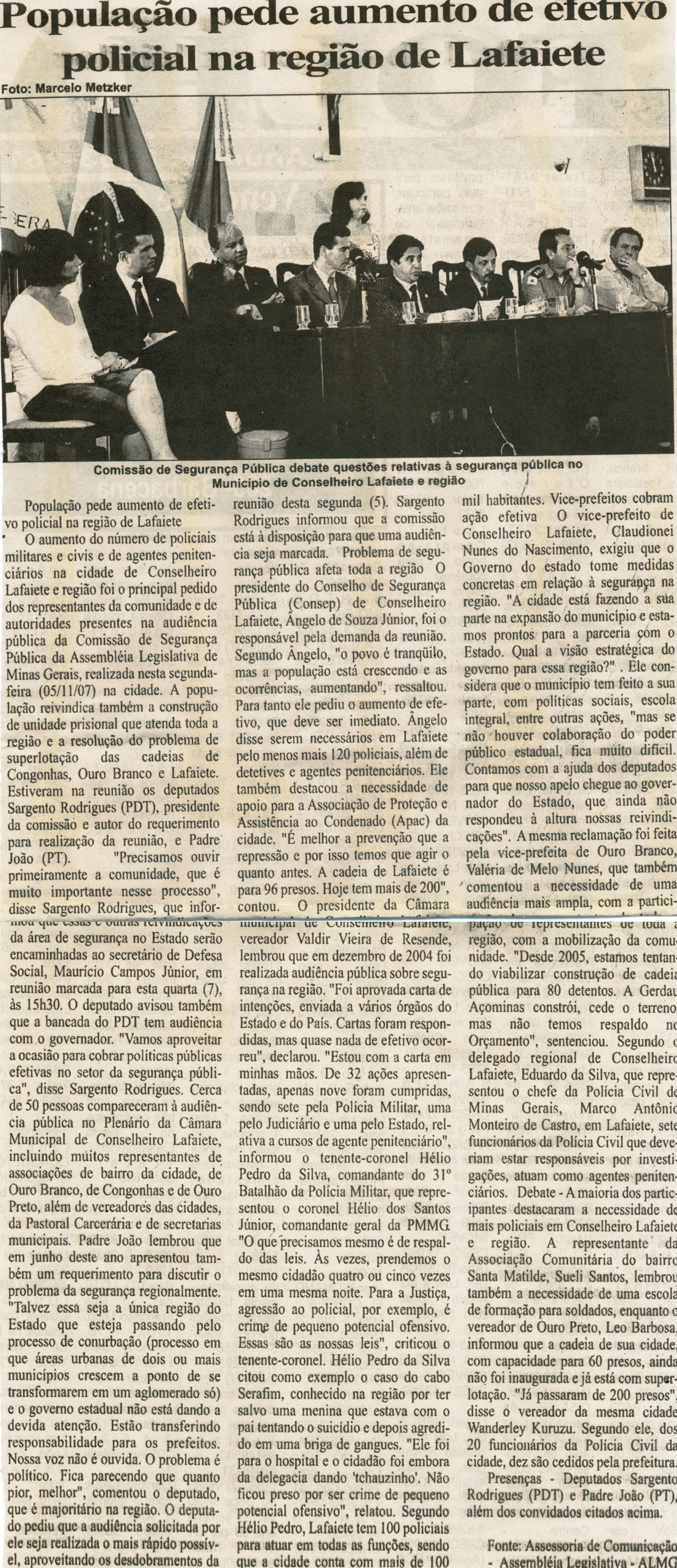 População pede aumento de efetivo policial na região de Lafaiete, Folha Livre, Conselheiro Lafaiete, 10 nov. 2007, 345ª ed., p. 05