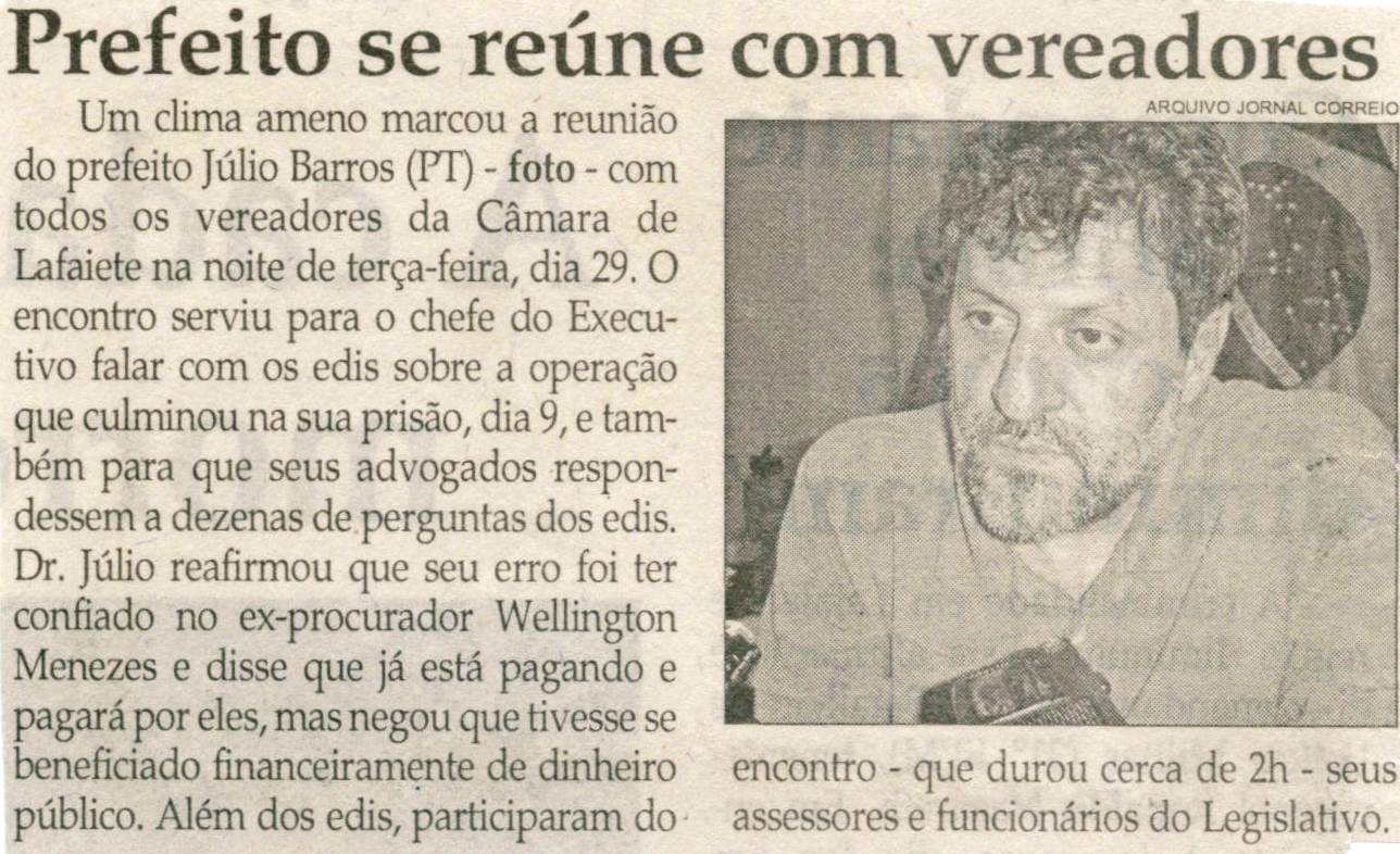 Prefeito se reúne com vereadores. Jornal Correio da Cidade, Conselheiro Lafaiete, 19 abr. 2008, p. 04.