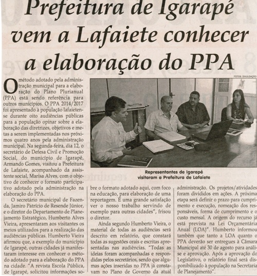 Prefeitura de Igarapé vem a Lafaiete conhecer a elaboração do PPA. Jornal Correio da Cidade, Conselheiro Lafaiete.  17 ago. 2013, p. 02.