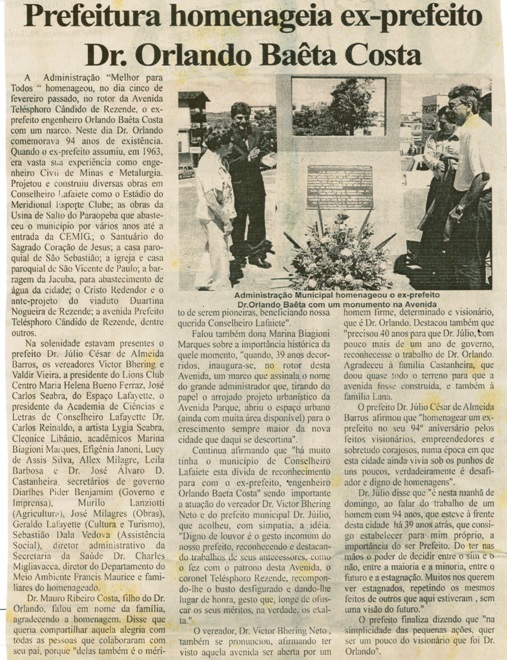 Prefeitura homenageia ex-prefeito Dr. Orlando Baêta Costa. Folha livre, Conselheiro Lafaiete, 11 fev 2006, 257ª ed., p. 02.