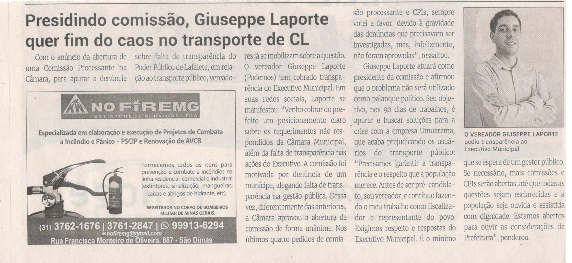 Presidindo comissão, Giuseppe Laporte quer fim do caos no transporte de CL. Jornal Correio da Cidade, Conselheiro Lafaiete, 10 a 16 de ago. 2024, 1743ª ed., Política, p. 4.