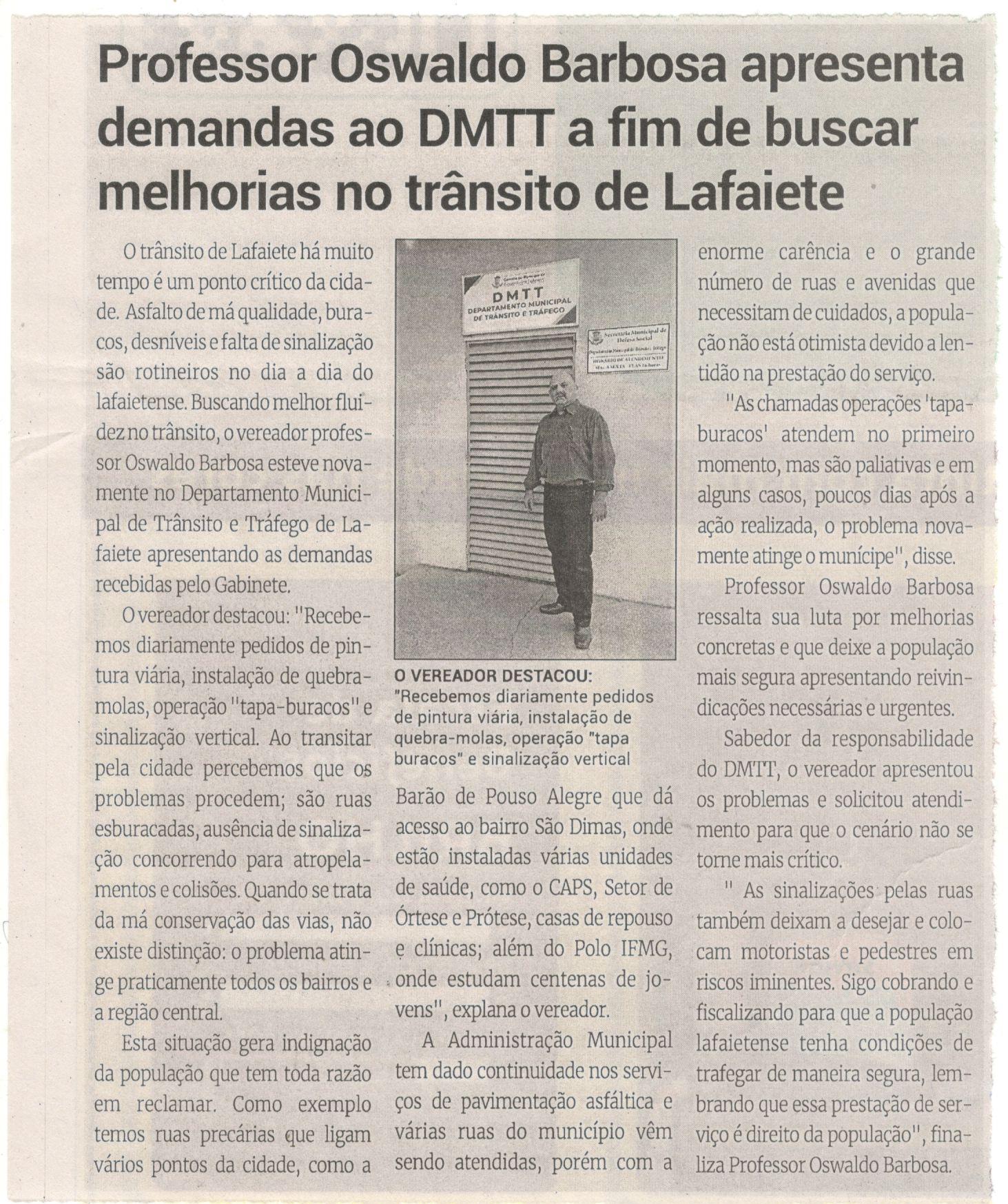 Professor Oswaldo Barbosa apresenta demandas ao DMTT a fim de buscar melhorias no trânsito de Lafaiete. Jornal Correio da Cidade, Conselheiro Lafaiete, 03 a 09 de ago. 2024, 1742ª ed., Política, p. 3.