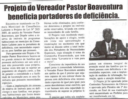 Projeto do Vereador Pastor Boa Ventura beneficia portadores de deficiência. Jornal Nova Gazeta, Conselheiro Lafaiete, 18 mar. 2006, 404ª ed., p. 18.