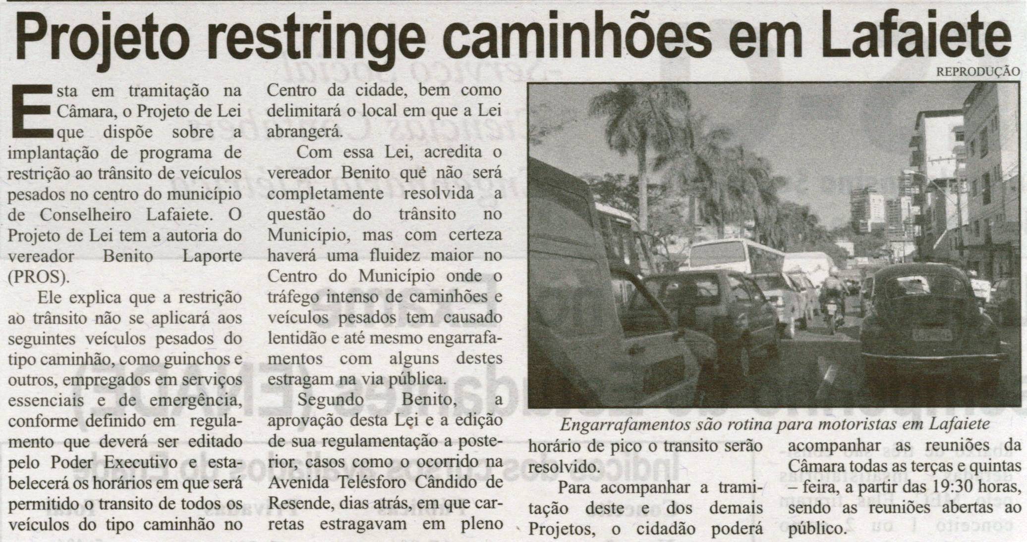 Projeto restringe caminhões em Lafaiete. Correio de Minas, Conselheiro Lafaiete, 12 out. 2013, p. 07.