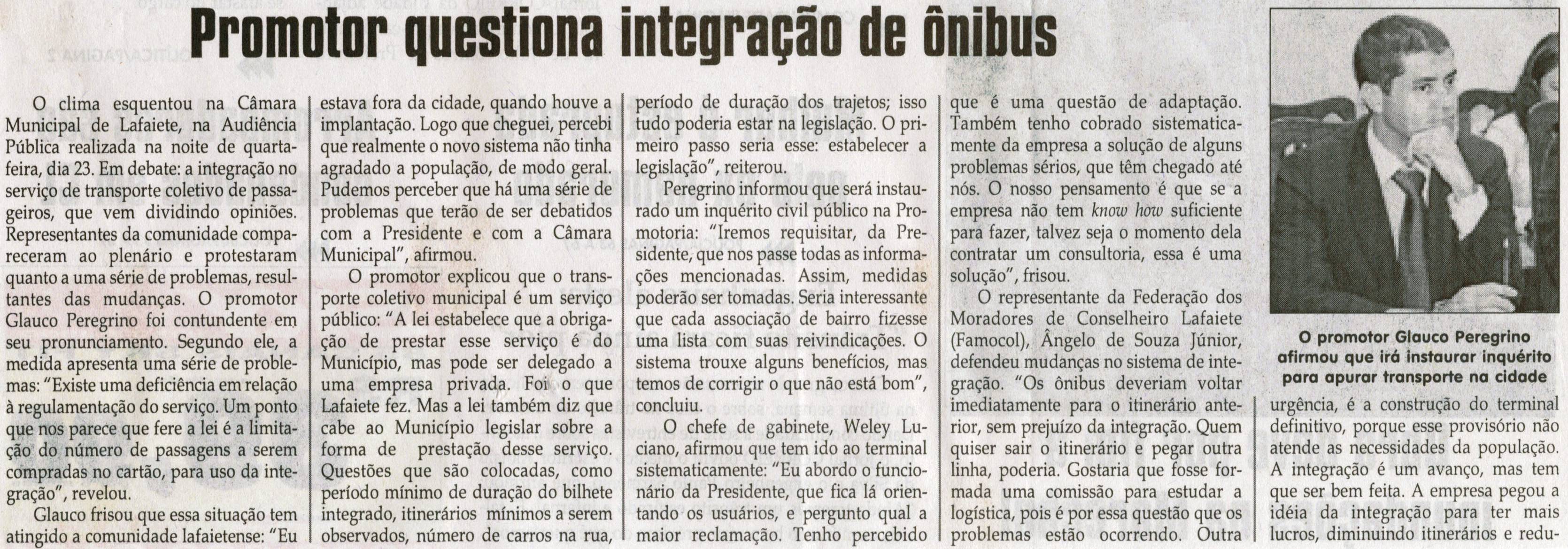 Promotor questiona integração de ônibus. Jornal Correio da Cidade, Conselheiro Lafaiete, 26 mai. 2012, p. 02.