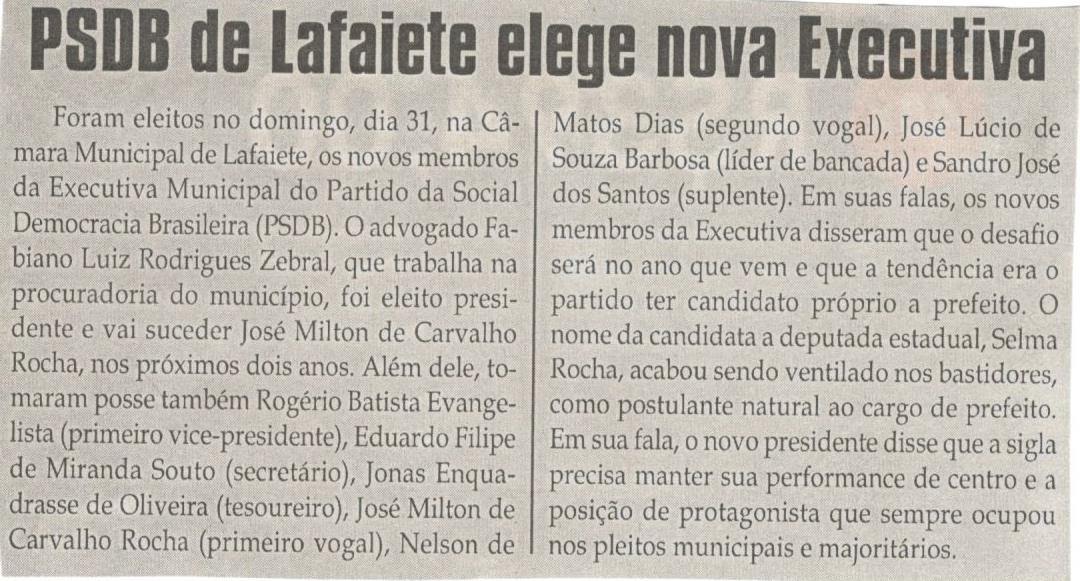 PSBD de Lafaiete elege nova Executiva. Jornal Correio da Cidade, 06 abr. 2019 a 12 abr. 2019. 1468ª ed., Caderno Política, p. 4.