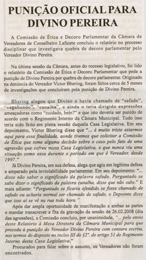 Punição Oficial para Divino Pereira. Jornal Nova Gazeta, Conselheiro Lafaiete, 19 jul. 2008, 523ª ed. p.17. 