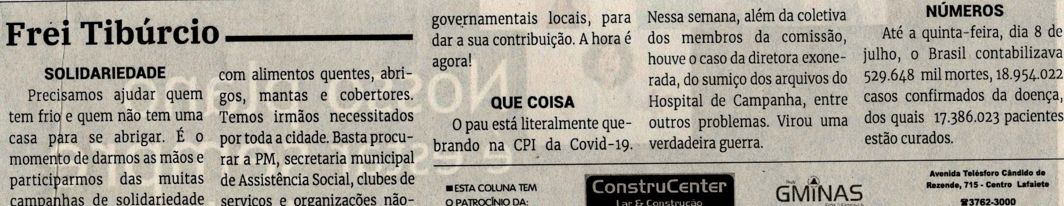 Que coisa. Jornal Correio, Conselheiro Lafaiete, 10 jul. 2021, 1584ª ed., Opinião, Frei Tibúrcio, p. 8.