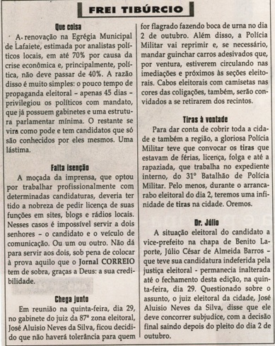 Que coisa. Jornal Correio da Cidade, Conselheiro Lafaiete, 1337ª ed., Caderno Política, Frei Tibúrcio p. 8.