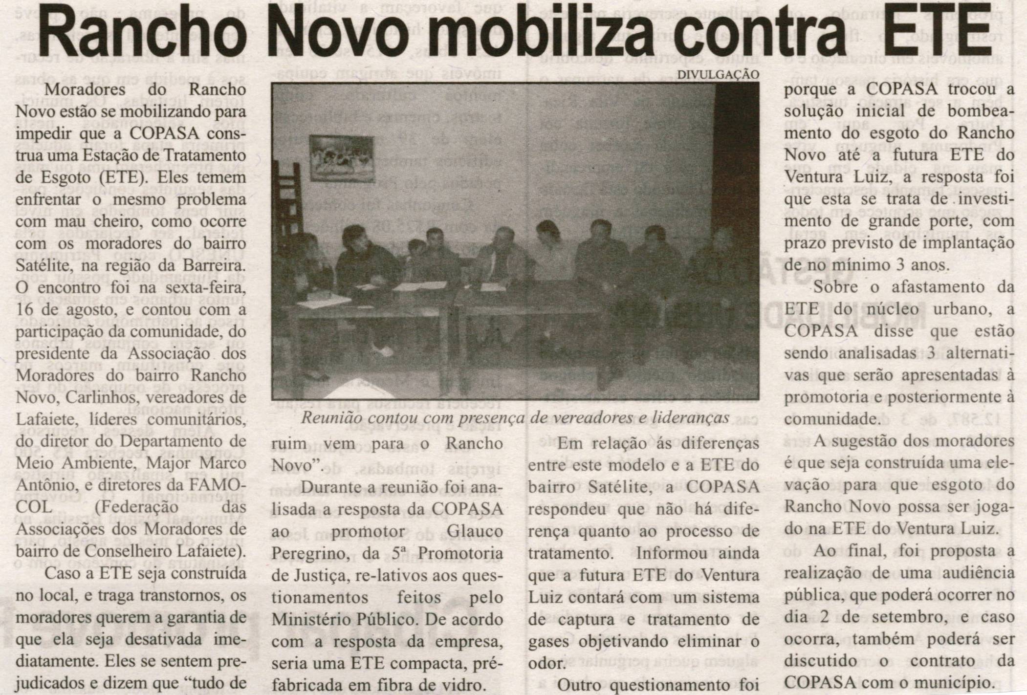 Rancho Novo mobiliza contra ETE. Correio de Minas, Conselheiro Lafaiete, 24 ago. 2013, p. 03.