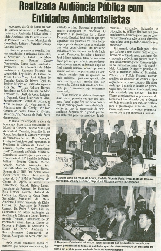Realizada Audiência Pública com Entidades Ambientais. Folha Livre, Conselheiro Lafaiete, 02 a 15 jun. 2001, s.n., p.7.
