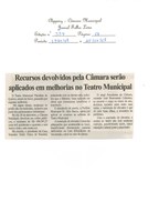 Recursos devolvidos pela Câmara serão aplicados em melhorias no Teatro Municipal. Folha Livre, Conselheiro Lafaiete, 19 jan. 2008, p. 04.