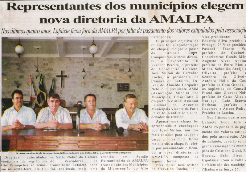 Representantes dos municípios elegem nova diretoria da AMALPA. Folha Livre, Conselheiro Lafaiete, 17 jan. 2009, 403ª ed., p. 20.