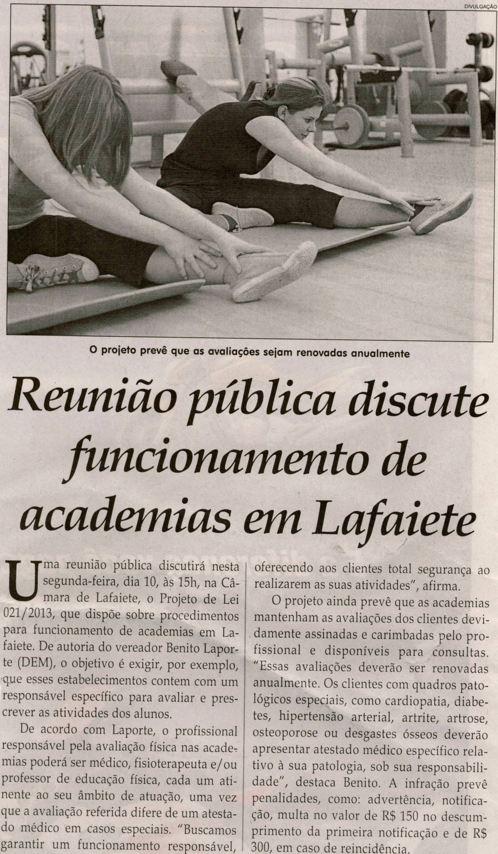 Reunião Pública discute funcionamento de academias em Lafaiete. Jornal Correio da Cidade, Conselheiro Lafaiete, 08 jun. 2013, p. 03.
