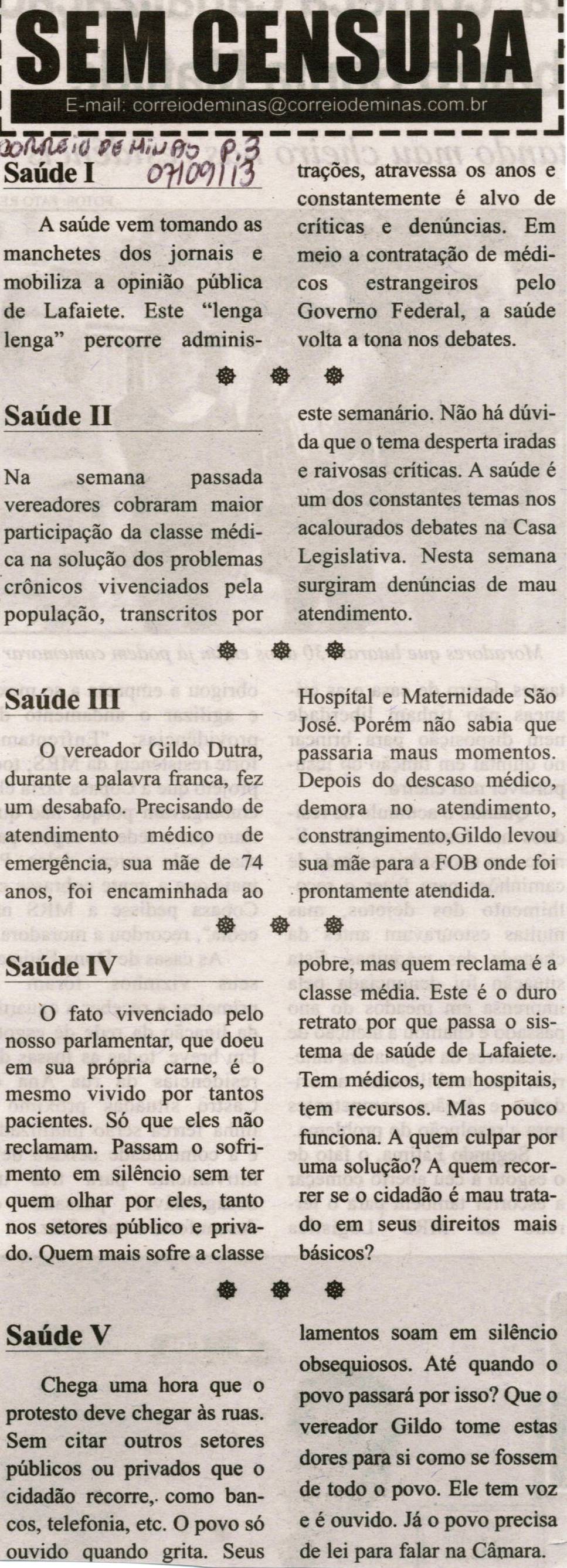 Saúde I; Saúde II; Saúde III; Saúde IV; Saúde V. Correio de Minas, Conselheiro Lafaiete, 07 set. 2013, Sem Censura, p. 3.