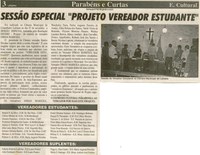 Sessão Especial "Projeto Vereador Estudante". Jornal Expressão Cultural, Conselheiro Lafaiete, [27 nov. 2002], Parabéns e Curtas, 3ª ed., p. 3.