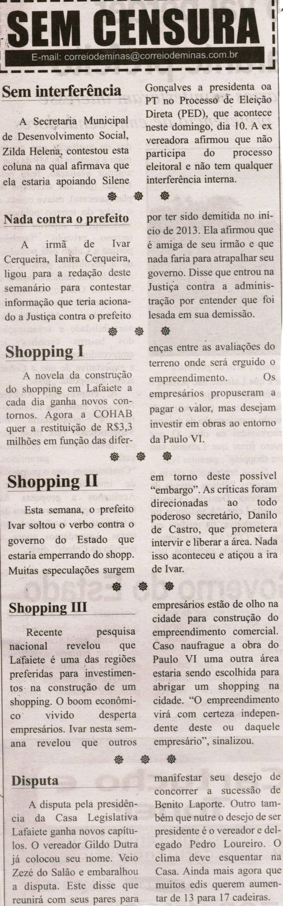 Shopping I; Shopping II; Shopping III; Disputa. Correio de Minas, Conselheiro Lafaiete, 09 nov. 2013, Sem Censura, p. 3.
