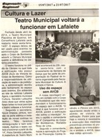 Teatro Municipal voltará a funcionar em Lafaiete. Jornal Expressão Regional, Conselheiro Lafaiete, 15 jul. 2017 a 21 jul. 2017, 481Xª ed., Caderno Cultura e Lazer,p.4.