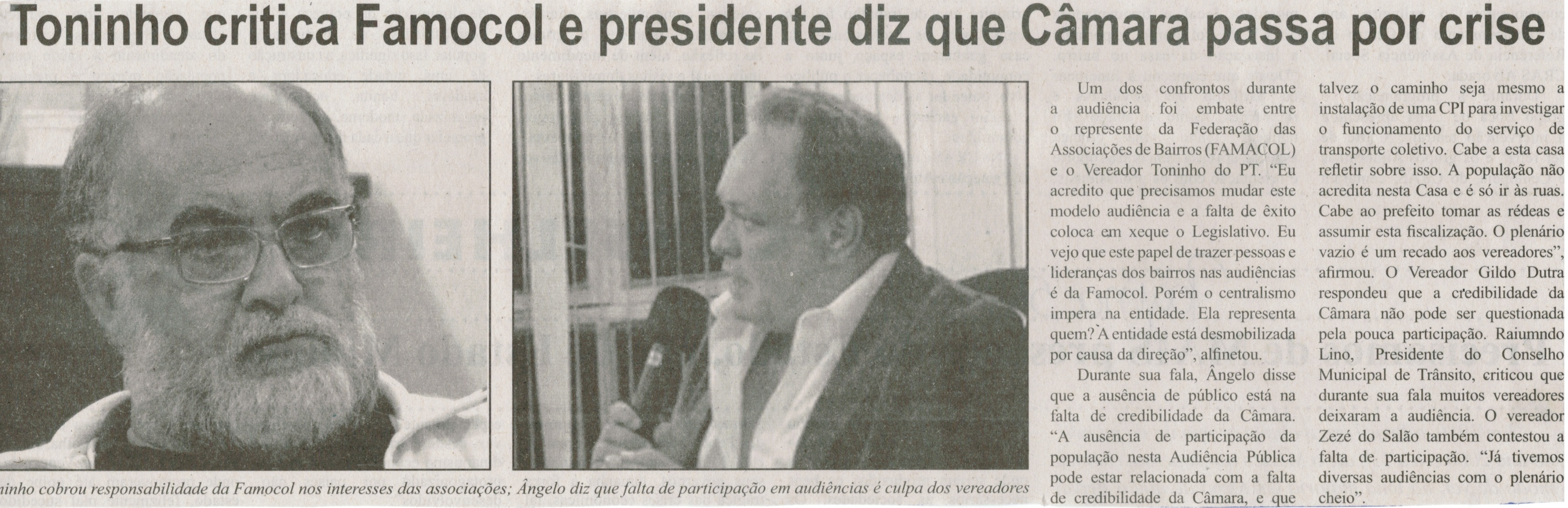 Toninho critica Famacol  e presidente diz que Câmara passa por crise. Correio de Minas, Conselheiro Lafaiete,  31 mai. 2014, p. 5.