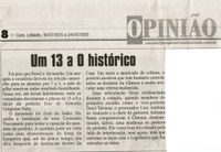 Um 13 a 0 histórico. Jornal Correio da Cidade, Conselheiro Lafaiete, 18 jul. 2015, 1274ª ed., Opinião, p. 8.
