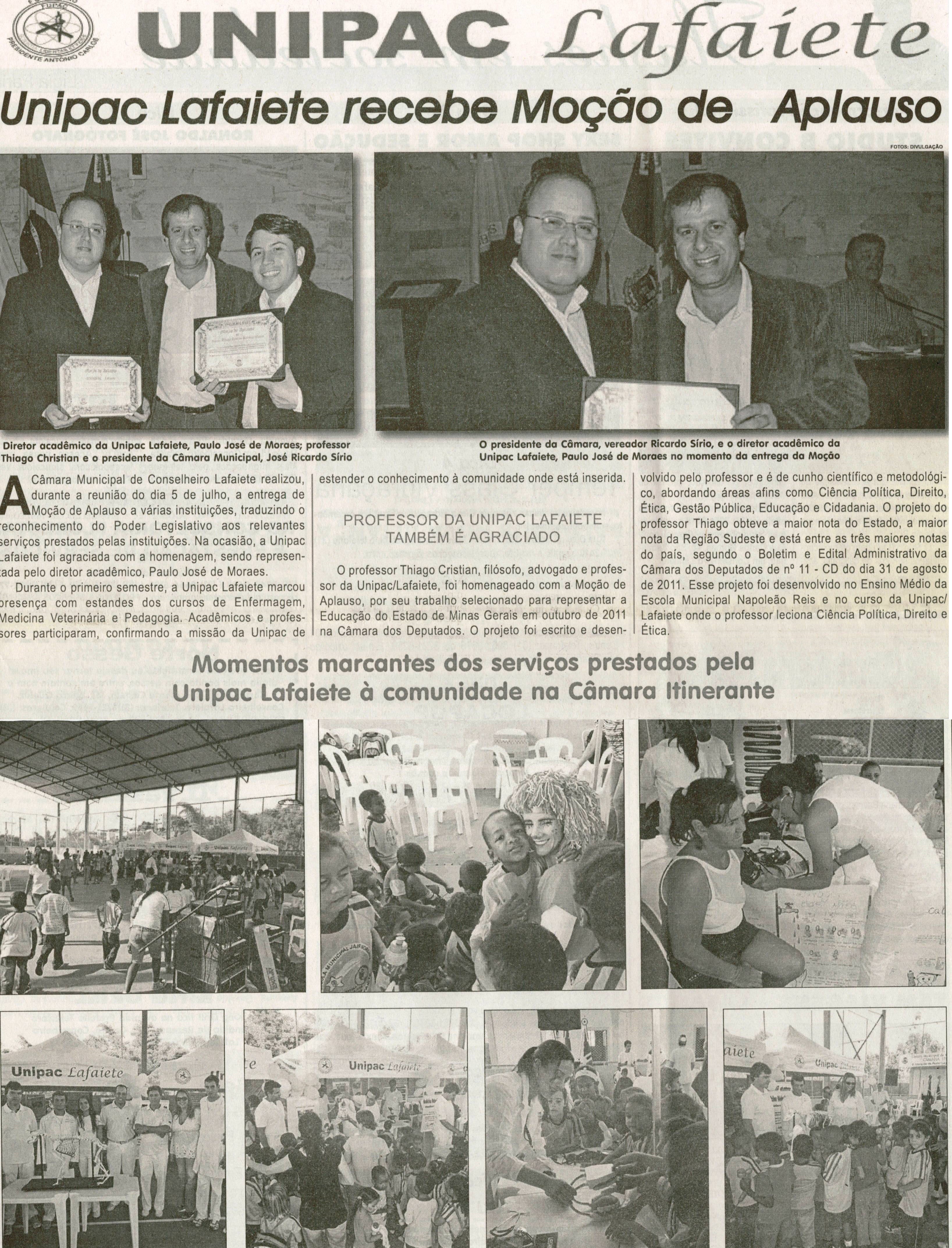 Unipac Lafaiete recebe Moção de Aplauso. Jornal Correio da Cidade, Conselheiro Lafaiete, 14 jul. 2012, p. 11.