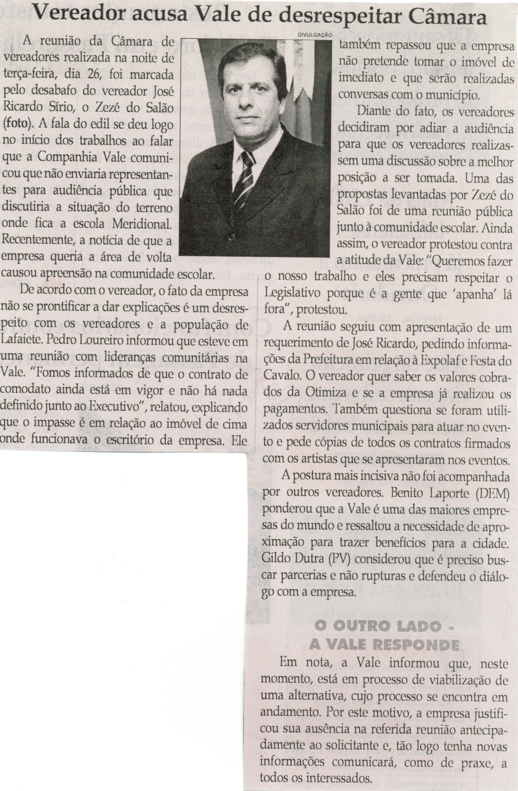 Vereador acusa Vale de desrespeitar Câmara. Jornal Correio da Cidade, Conselheiro Lafaiete, 30 ago. 2014, p. 2.