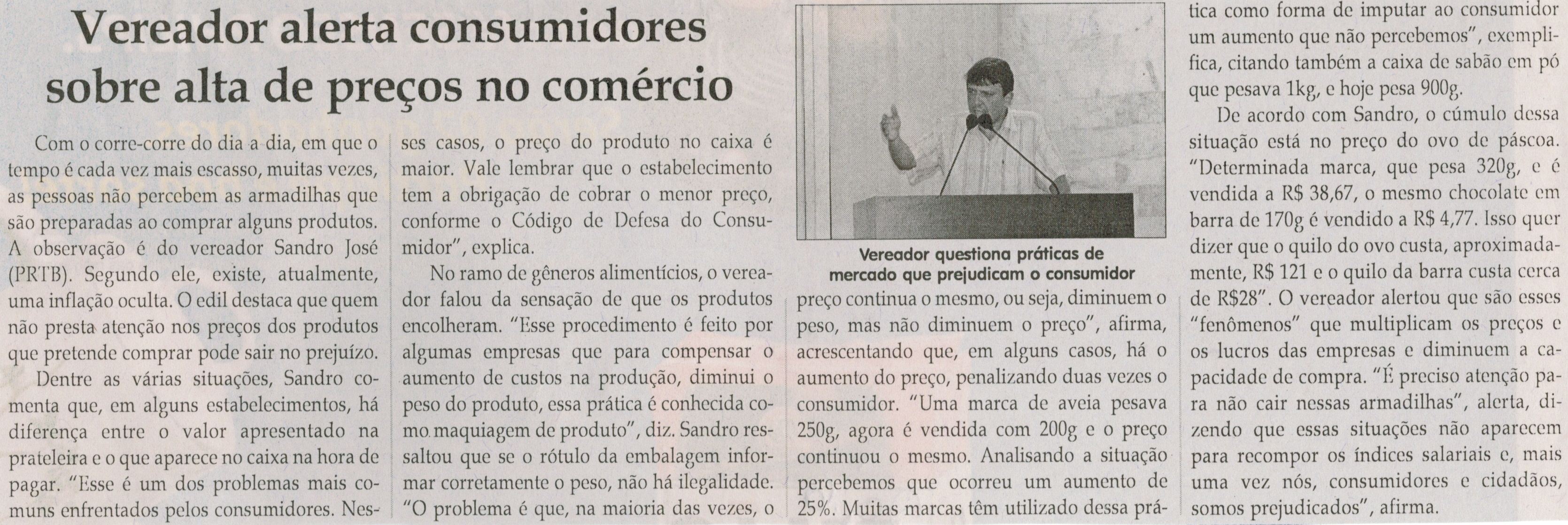 Vereador alerta consumidores sobre alta de preços no comércio. Jornal Correio da Cidade, Conselheiro Lafaiete, 06 set. 2014, p. 6.
