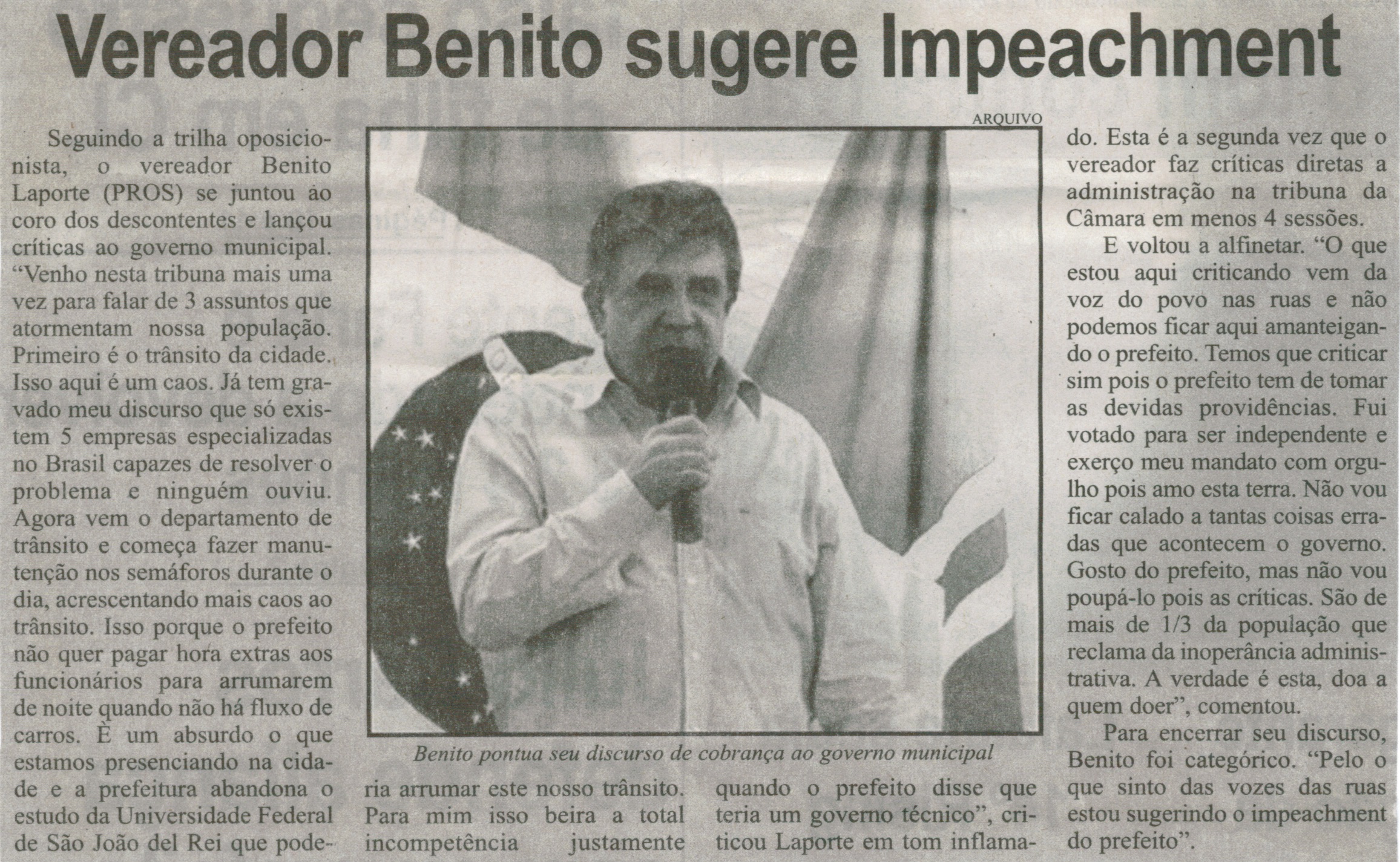 Vereador Benito sugere Impeachment. Correio de Minas, Conselheiro Lafaiete, 28 fev. 2015, p. 02.