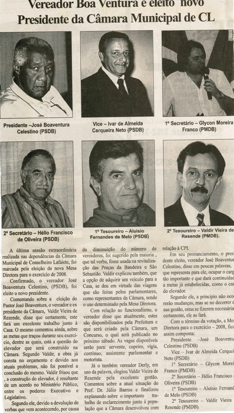 Vereador Boa Ventura é eleito novo Presidente da Câmara Municipal de CL. Folha Livre, Conselheiro Lafaiete, 22 dez. 2007, 351ª ed., p. 04.