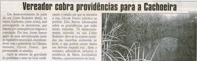Vereador cobra providências para a Cacheira. Jornal Correio da Cidade, Conselheiro Lafaiete, 13 mai. de 2006, 803ª ed., p. 03. 
