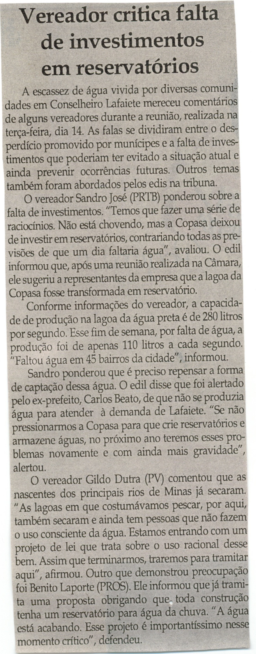 Vereador critica falta de investimentos em reservatórios. Jornal Correio da Cidade, Conselheiro Lafaiete, 18 out. 2014, p. 6.