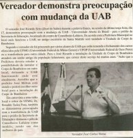 Vereador demonstra preocupação com mudança da UAB. Jornal Nova Gazeta, Conselheiro Lafaiete,  21 fev. 2009, 552ª ed. p.04.