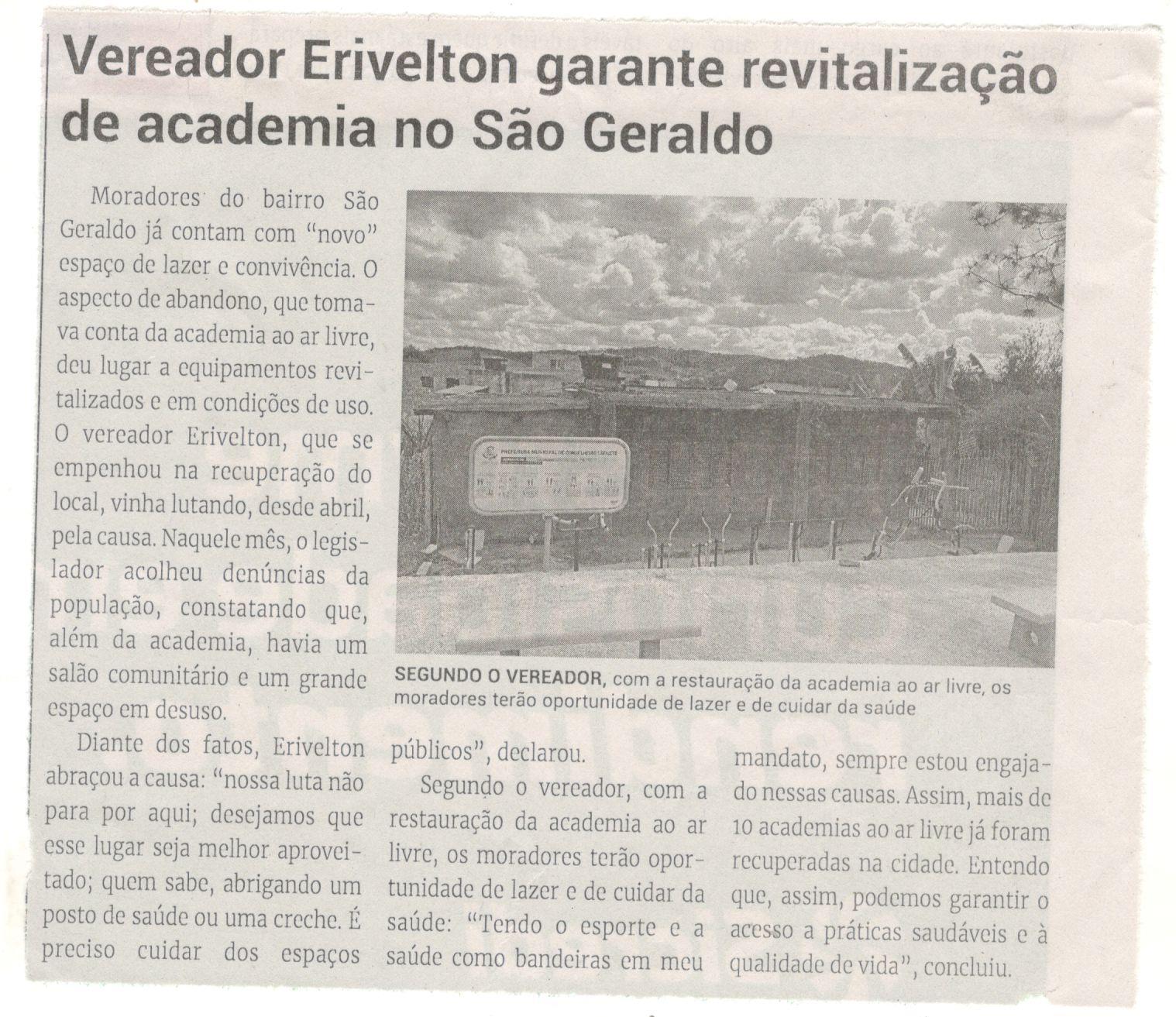 Vereador Erivelton garante revitalização de academia no São Geraldo. Jornal Correio da Cidade, Conselheiro Lafaiete, 17 a 23 de ago. 2024, 1744ª ed., Política, p. 4.