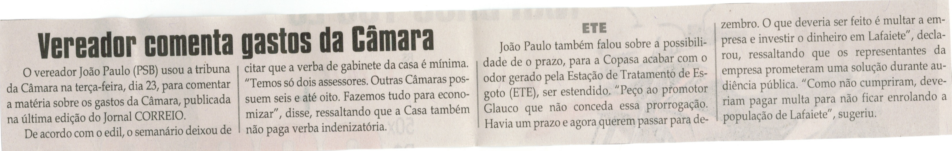 Vereador comenta gastos da Câmara. Jornal Correio da Cidade, Conselheiro Lafaiete,  03 out. 2014, p. 4.