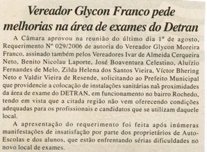 Vereador Glycon Franco pede melhorias na área de exames do DETRAN. Jornal Nova Gazeta, Conselheiro Lafaiete, 12 ago, 2006, 425ª ed., p. 24.