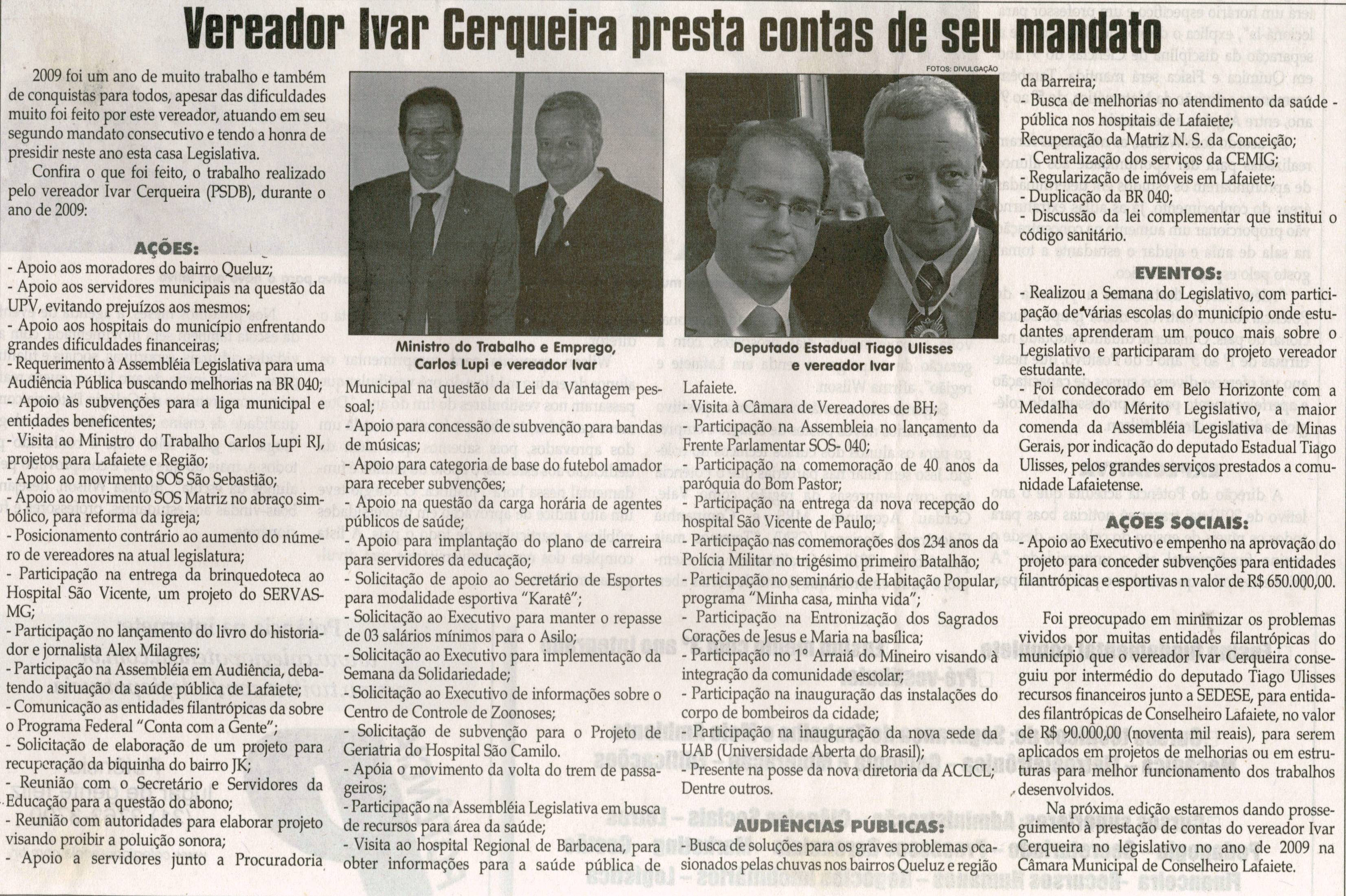 Vereador Ivar Cerqueira presta contas de seu mandato. Jornal Correio da Cidade, Conselheiro Lafaiete, 30 jan. 2010, p. B7.