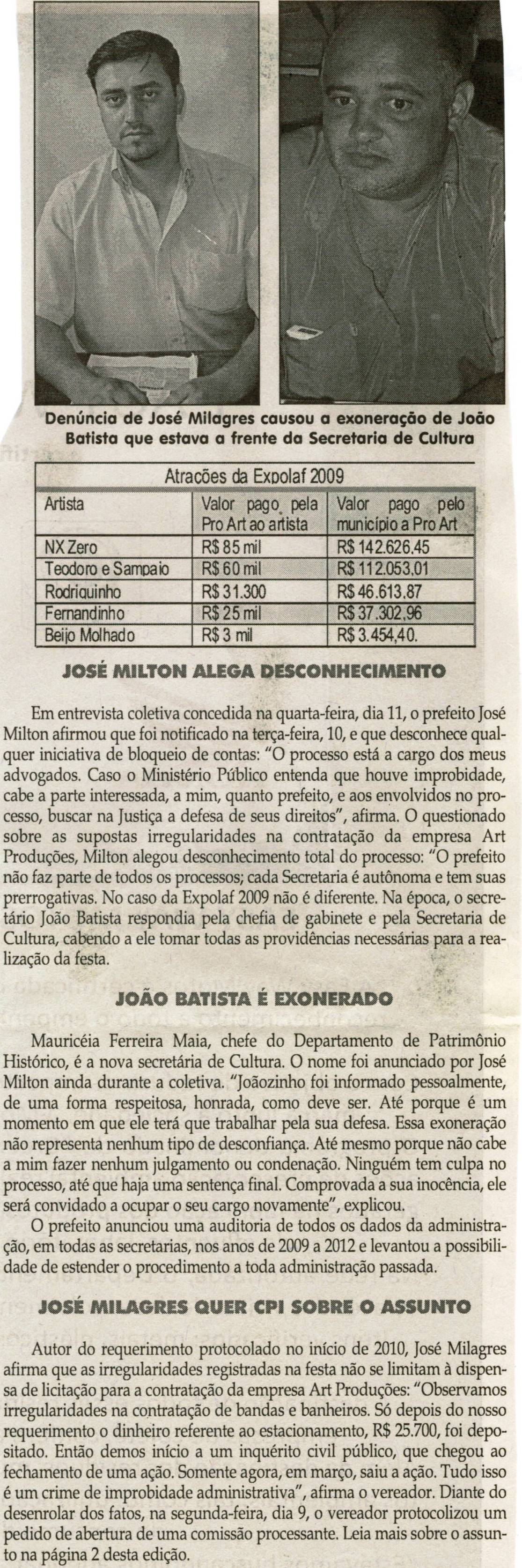 [Vereador José Milagres denuncia irregularidades na Expolaf]. Jornal Correio da Cidade, 14 abr. 2012, p. 04.