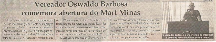 Vereador Oswaldo Barbosa comemora a abertura do Mart Minas. Jornal Correio da Cidade, 23 fev. 2019 a 01 mar. 2019. 1462ª ed., Caderno Política, p. 2.