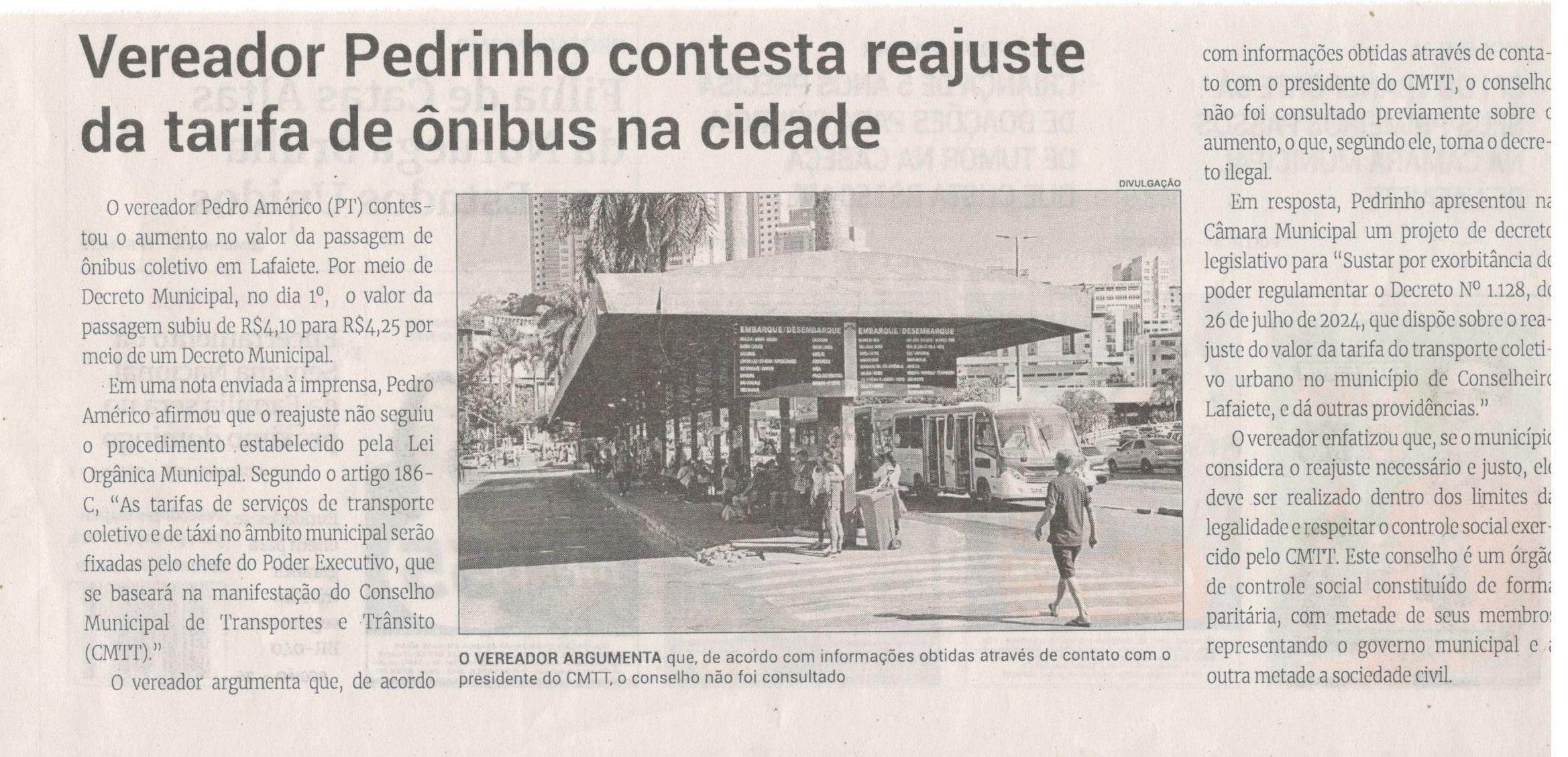 Vereador Pedrinho contesta reajuste da tarifa de ônibus na cidade. Jornal Correio da Cidade, Conselheiro Lafaiete, 17 a 23 de ago. 2024, 1744ª ed., Política, p. 2.