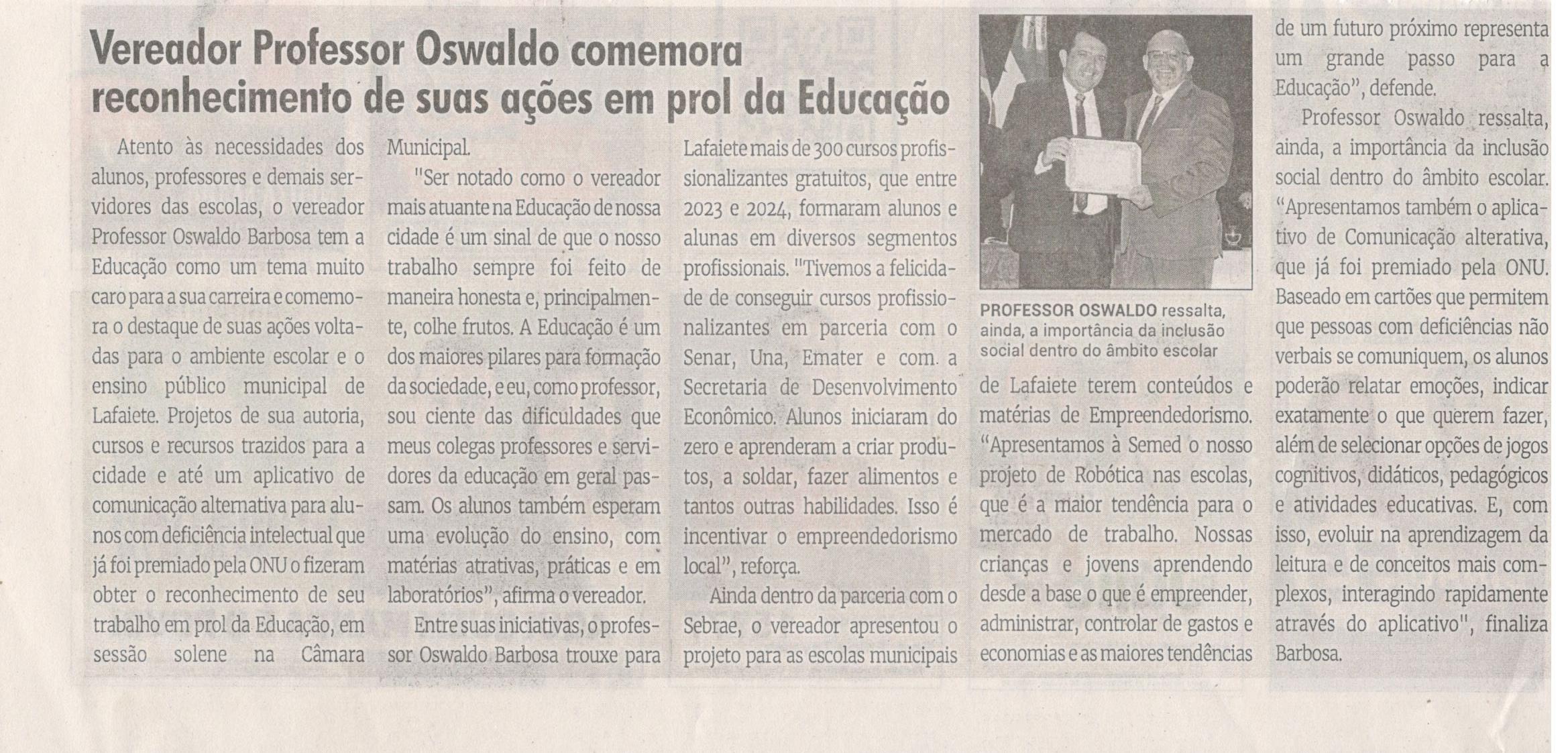 Vereador Professor Oswaldo comemora reconhecimento de suas ações em prol da Educação. Jornal Correio da Cidade, Conselheiro Lafaiete, 21 set. a 27 set. 2024, 1744ª ed., Política, p. 2.