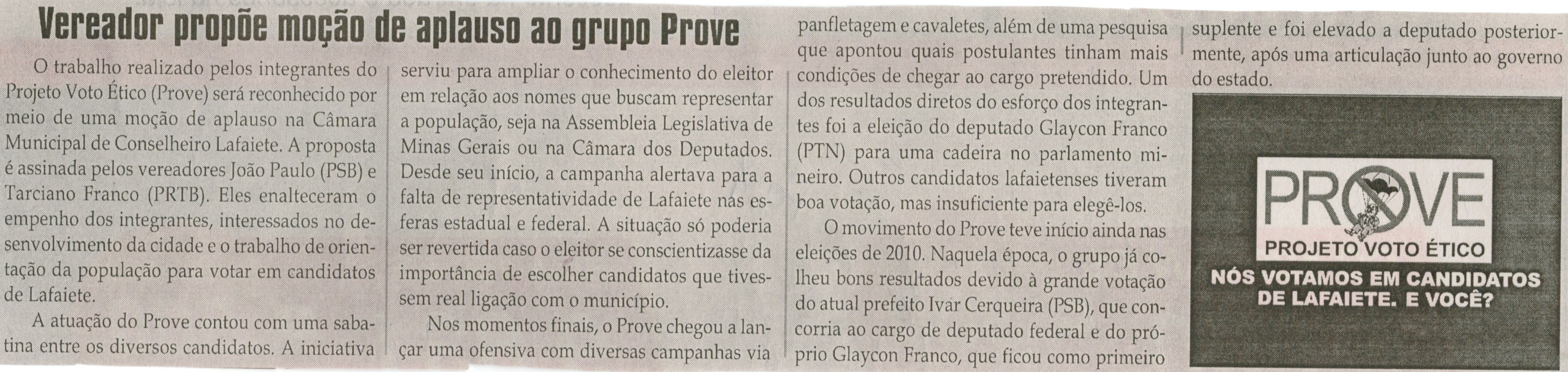 Vereador propõe moção de aplauso ao grupo Prove. Jornal Correio da Cidade, Conselheiro Lafaiete, 01 nov. 2014, p. 4.