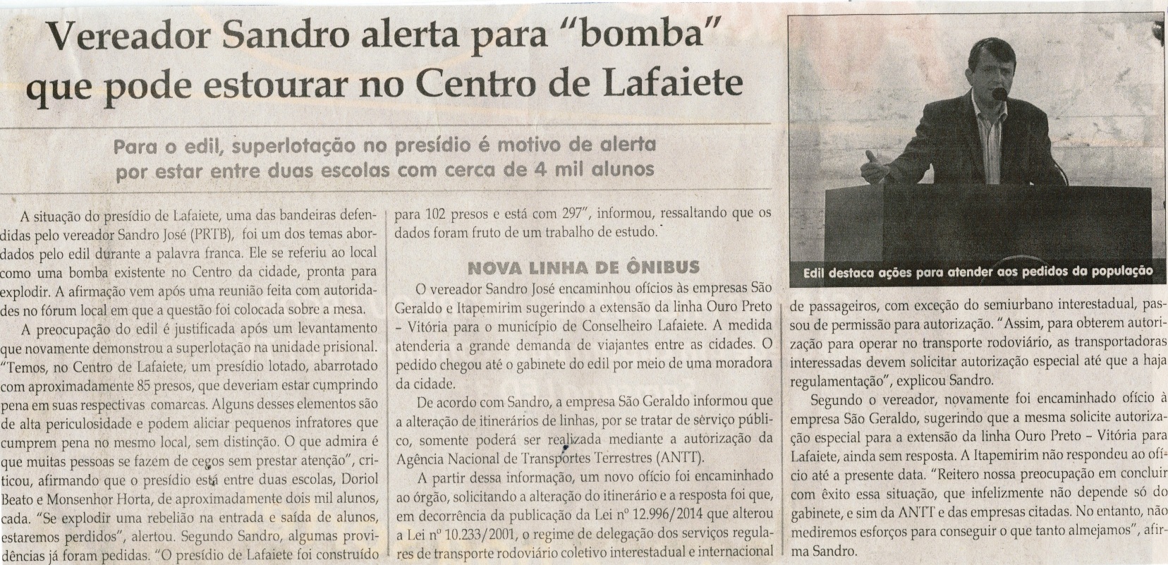 Vereador Sandro alerta para "bomba" que pode estourar no Centro de Lafaiete. Jornal Correio da Cidade, Conselheiro Lafaiete, 12 set. 2015, 1282ª ed., p. 6