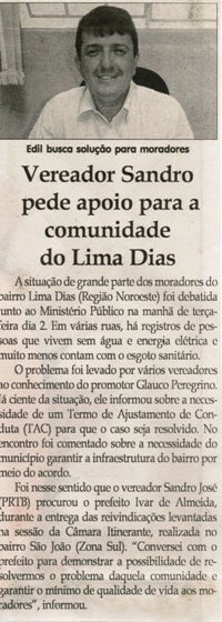 Vereador Sandro pede apoio para a comunidade do Lima Dias. Jornal Correio da Cidade, Conselheiro Lafaiete, 1268ª ed., p. 6.