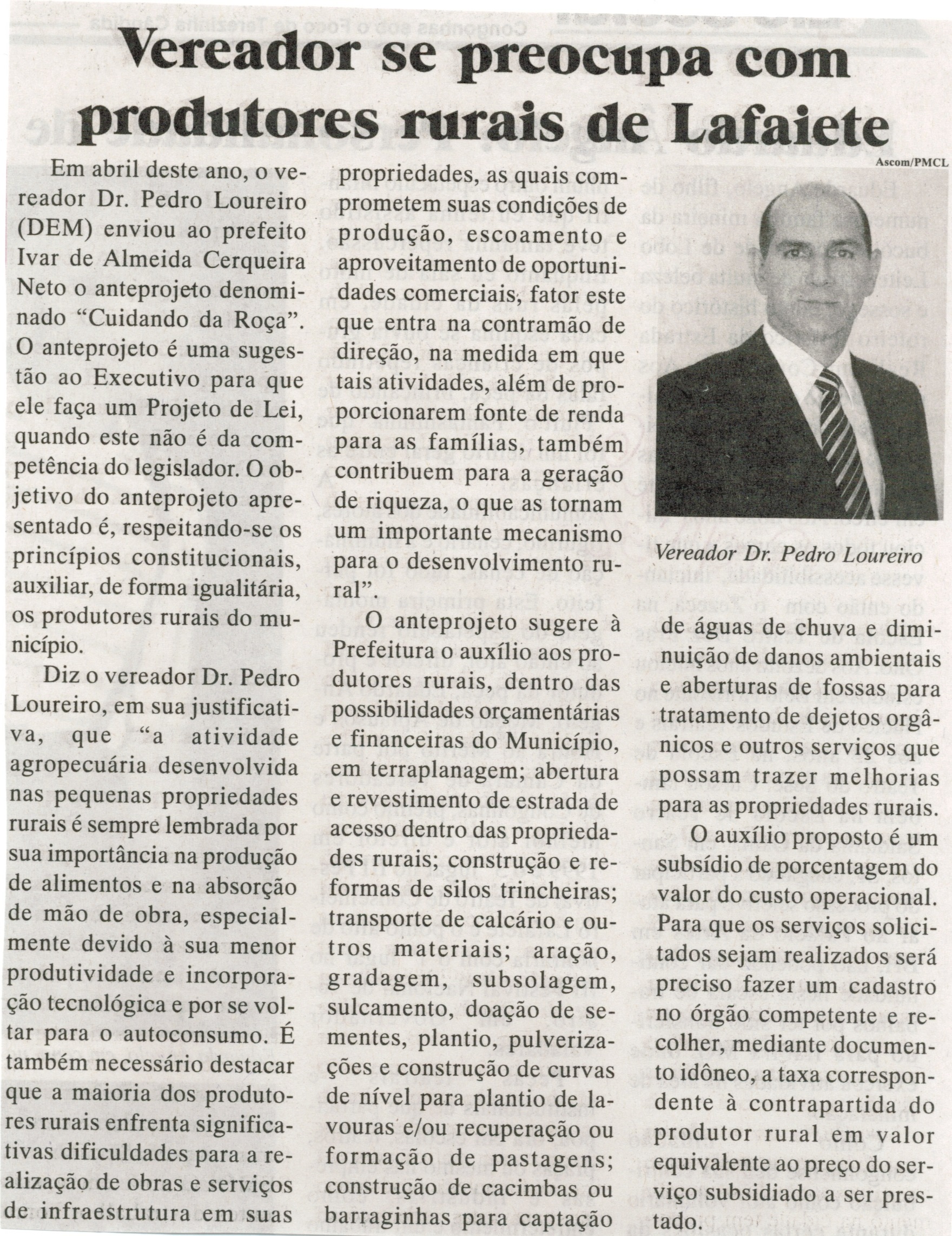 Vereador se preocupa com produtores rurais de Lafaiete. Jornal Baruc, Congonhas, 04 set. 2014, p. 6.
