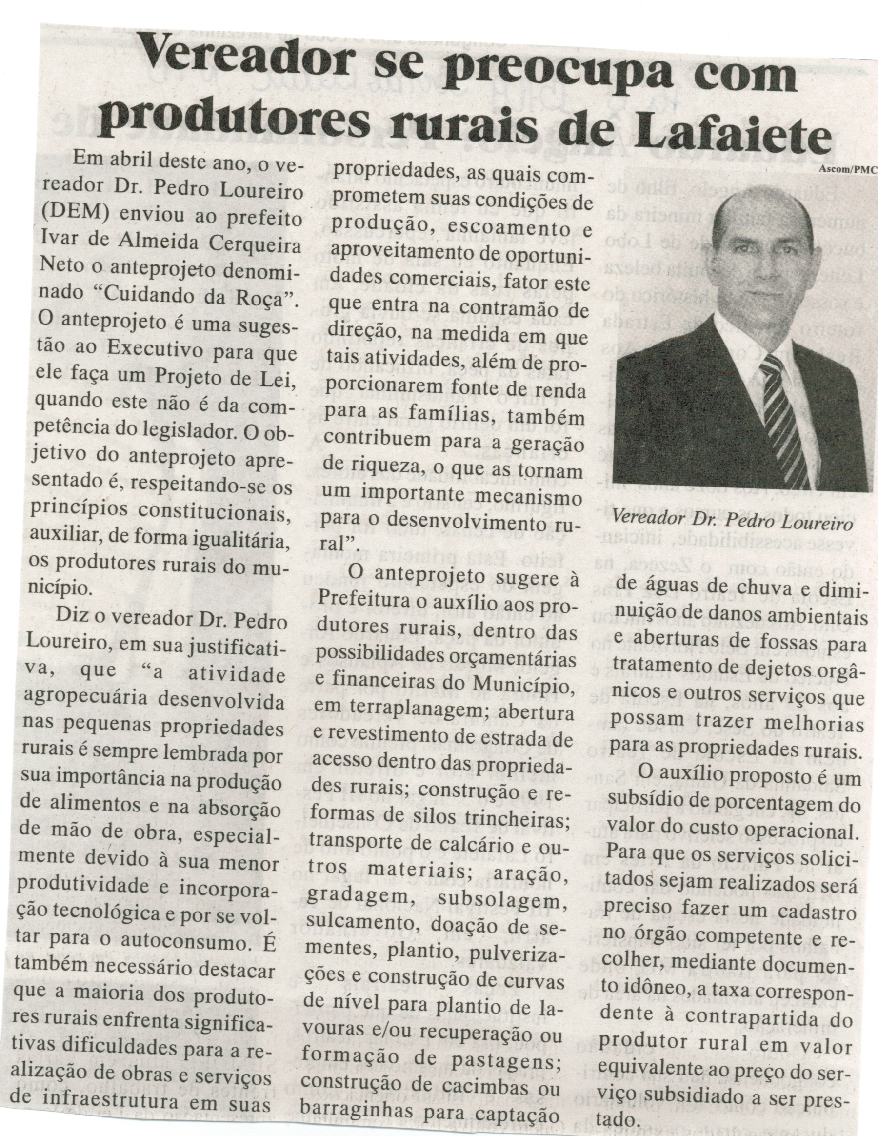 Vereador se preocupa com produtores rurais de Lafaiete. Jornal Baruc, Congonhas,15 set. 2014, p. 6.